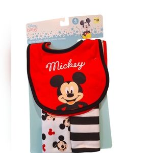Disney Baby Mickey Mouse 4 Piece Set - 2 Bibs & 2 Burp Clothes NEW